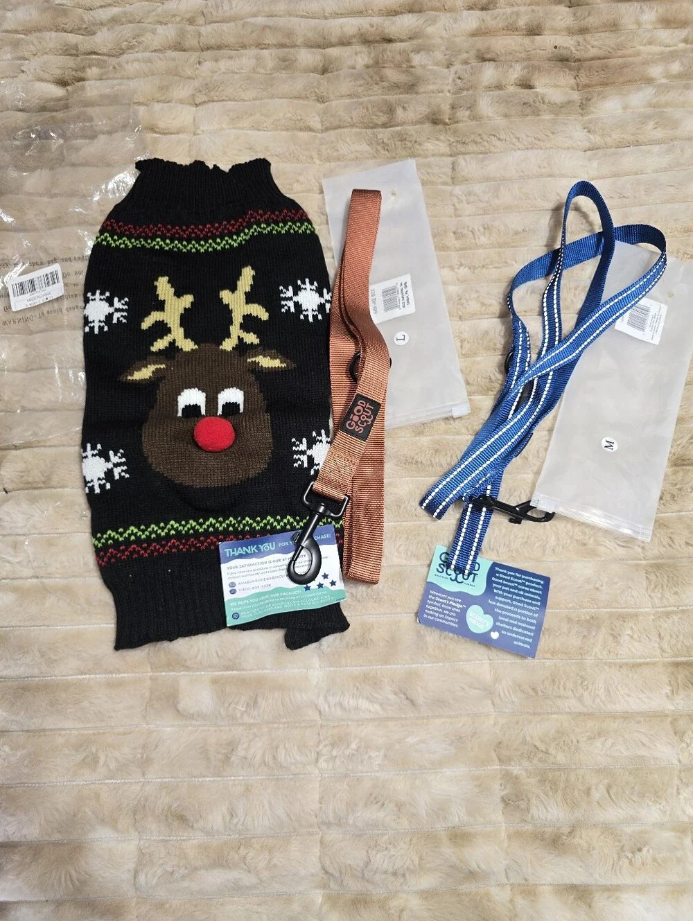 Good Scout Dog Leashes (2) & Christmas Reindeer Knit Dog Sweater Lot NWT